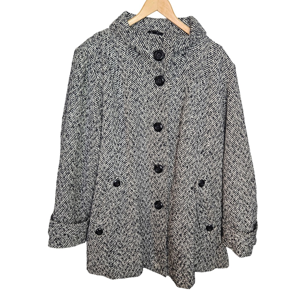 Details Intl Womens 2X Herringbone Pea Coat Black White Button Up Long Jacket